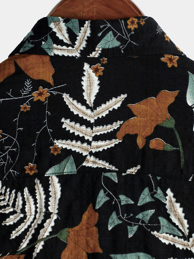 Men's Retro Leaf Floral Print Cotton Button Up Vintage Holiday Short Sleeve Shirt