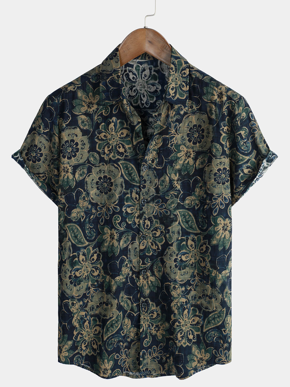 Men's Short Sleeve Casual Holiday Vintage Floral Button Green Cotton Shirt
