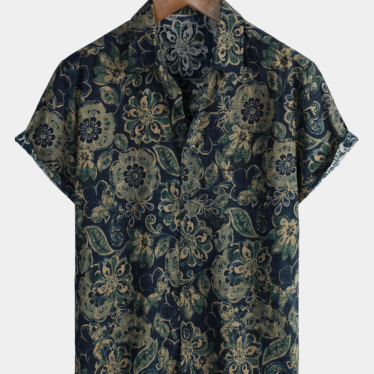 Men's Short Sleeve Casual Holiday Vintage Floral Button Green Cotton Shirt