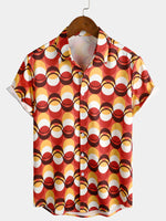 Men's Retro Button Up Vintage Orange 70s Party Geometric Summer Beach Short Sleeve Shirt