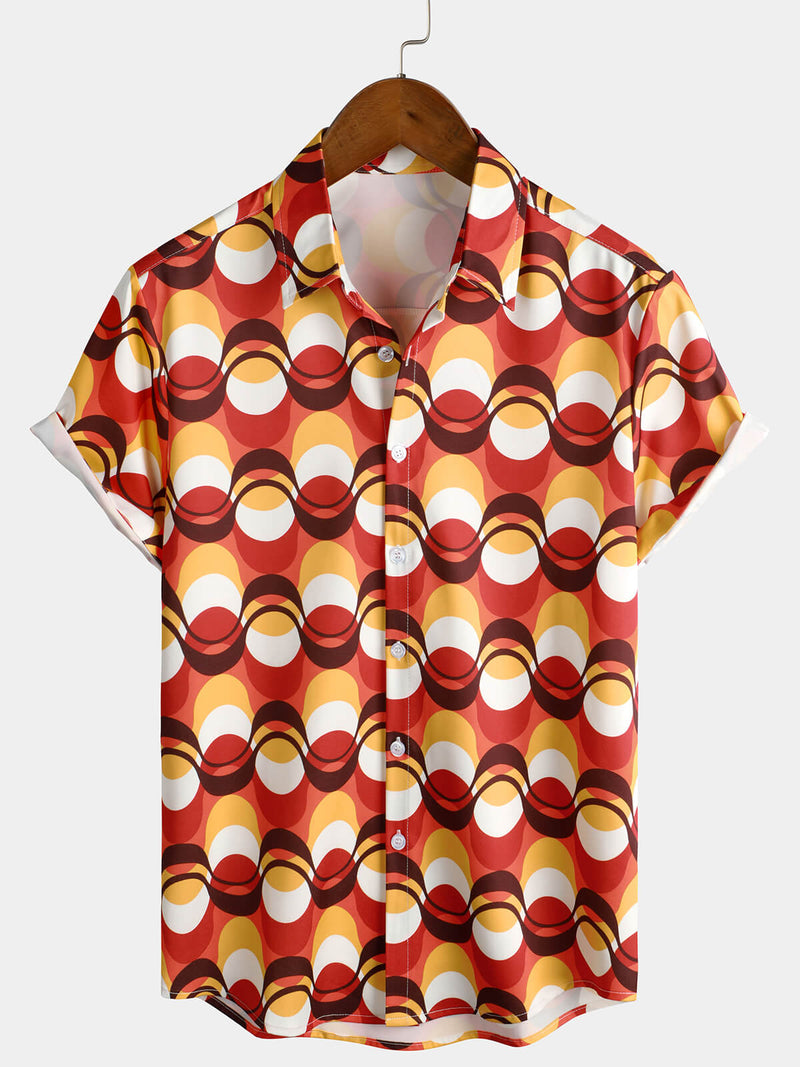Men's Retro Button Up Vintage Orange 70s Party Geometric Summer Beach Short Sleeve Shirt