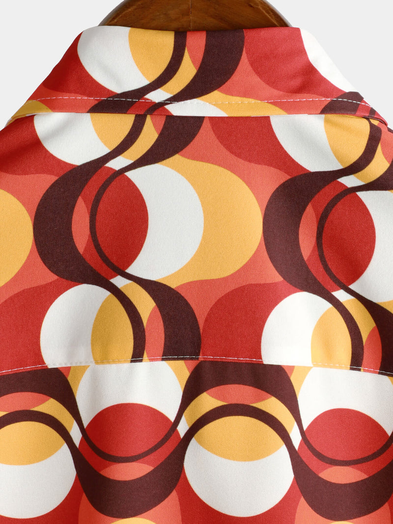 Men's Retro Button Up Vintage Orange 70s Party Geometric Summer Beach Short Sleeve Shirt