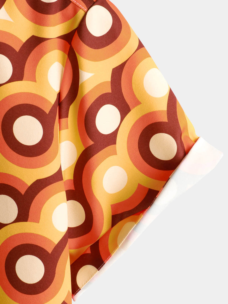 Men's Orange 70s Retro Button Up Vintage Geometric Circle Summer Beach Short Sleeve Shirt
