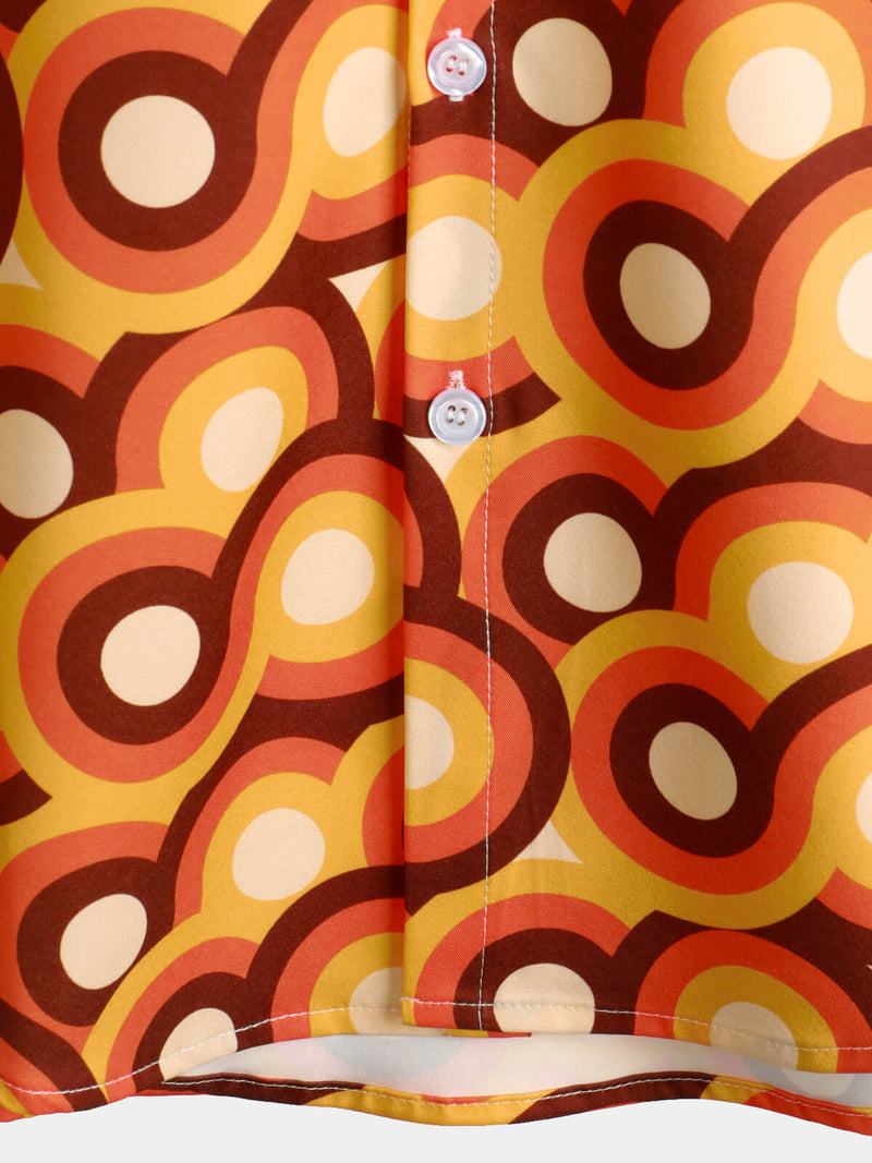 Men's Orange 70s Retro Button Up Vintage Geometric Circle Summer Beach Short Sleeve Shirt