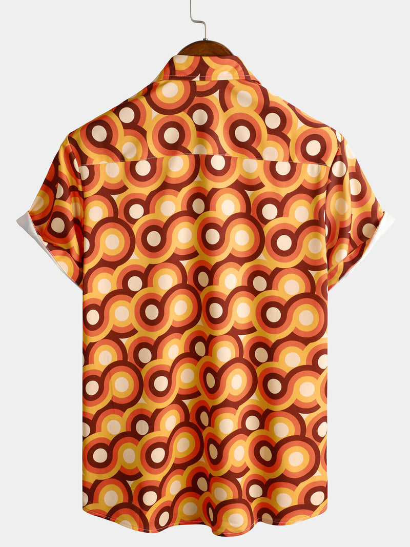Men's Orange 70s Retro Button Up Vintage Geometric Circle Summer Beach Short Sleeve Shirt