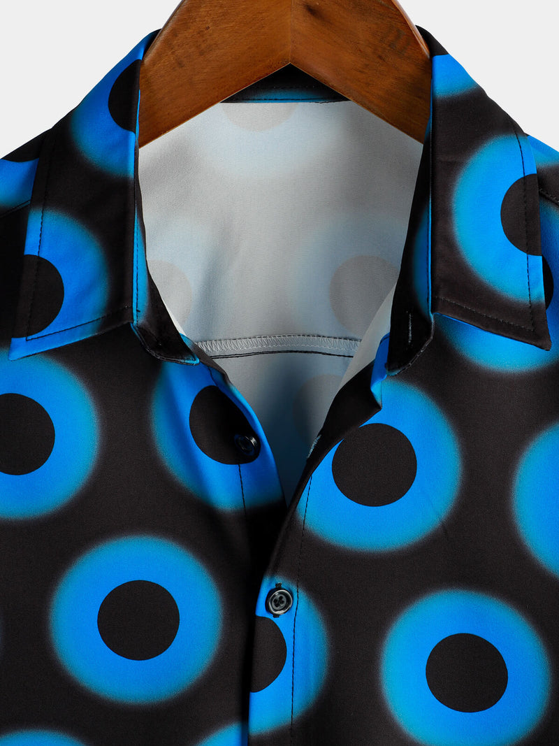 Men's Retro Cool Button Up Vintage Blue Geometric Circle Summer Beach Short Sleeve Shirt