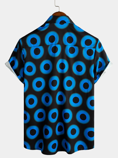 Men's Retro Cool Button Up Vintage Blue Geometric Circle Summer Beach Short Sleeve Shirt