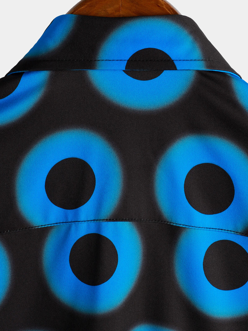 Men's Retro Cool Button Up Vintage Blue Geometric Circle Summer Beach Short Sleeve Shirt