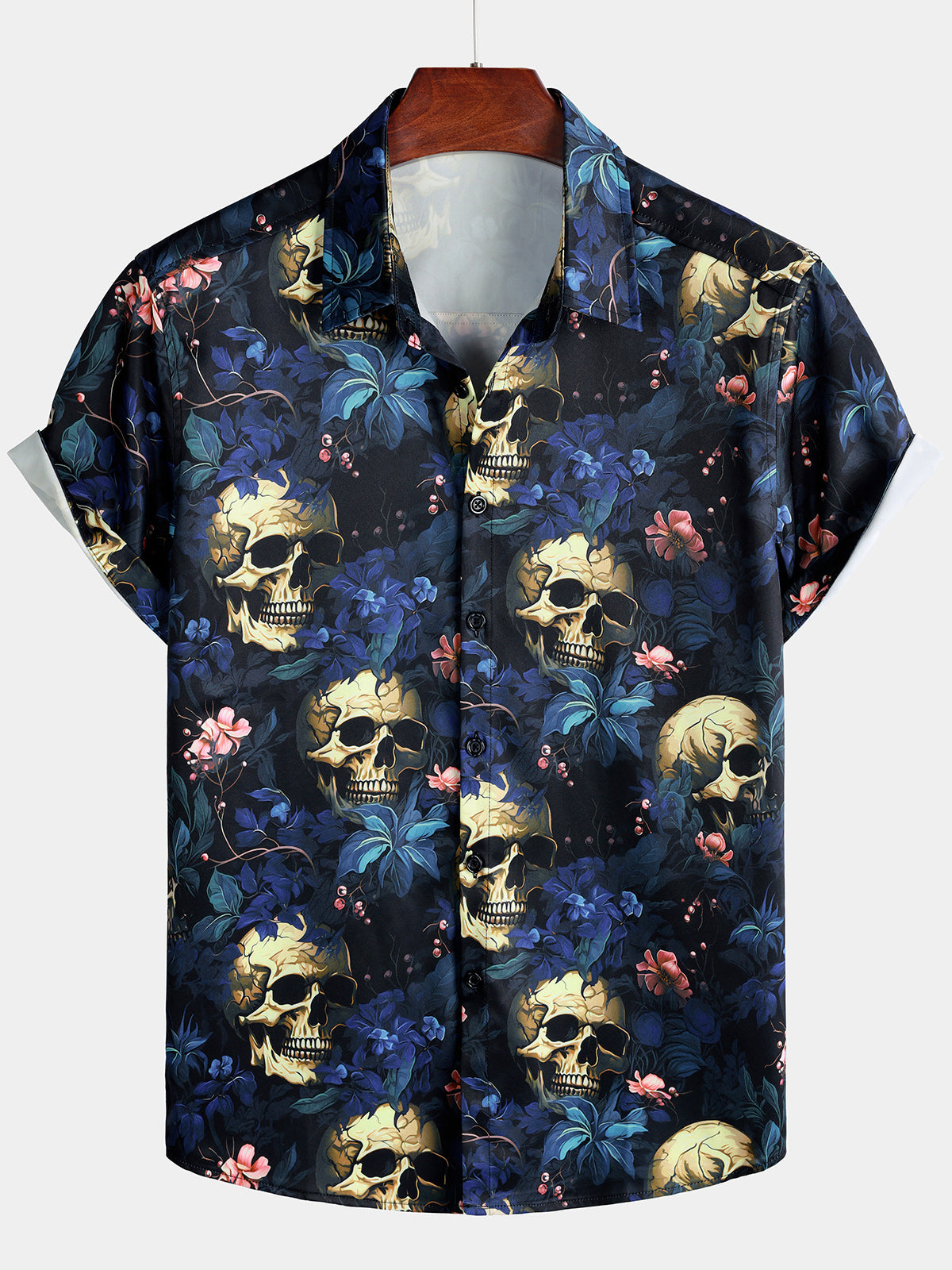 Men's Punk Gold Skull Floral Print Short Sleeve Shirt