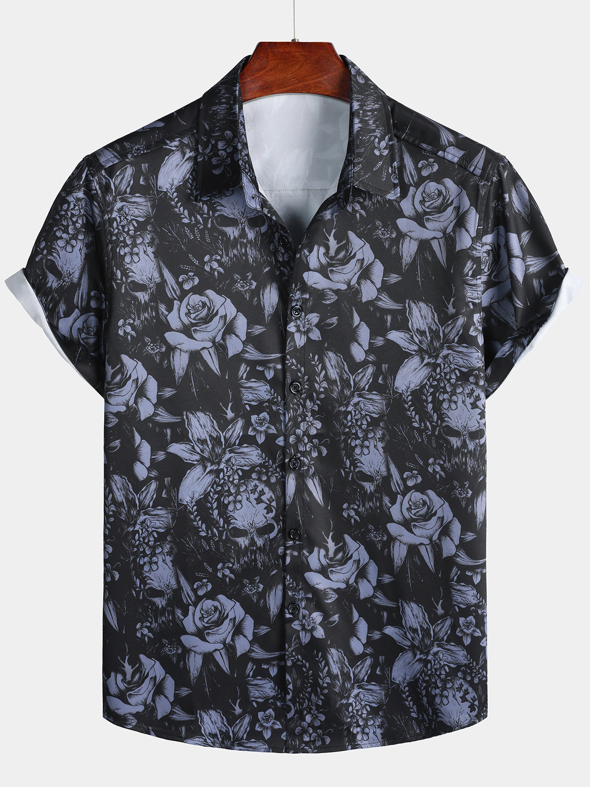 Men's Black Punk Rock Skull Rose Print Short Sleeve Shirt