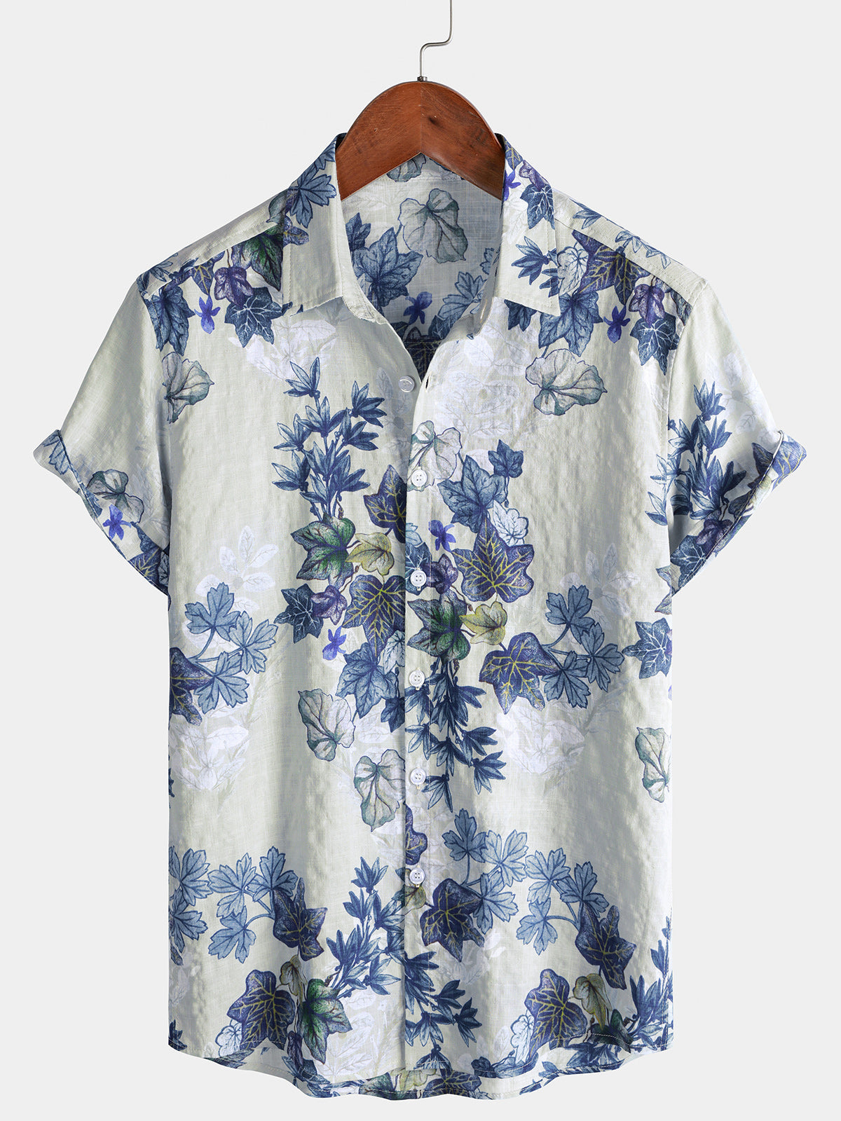 Men's White Blue Botanical Print Casual Short Sleeve Shirt