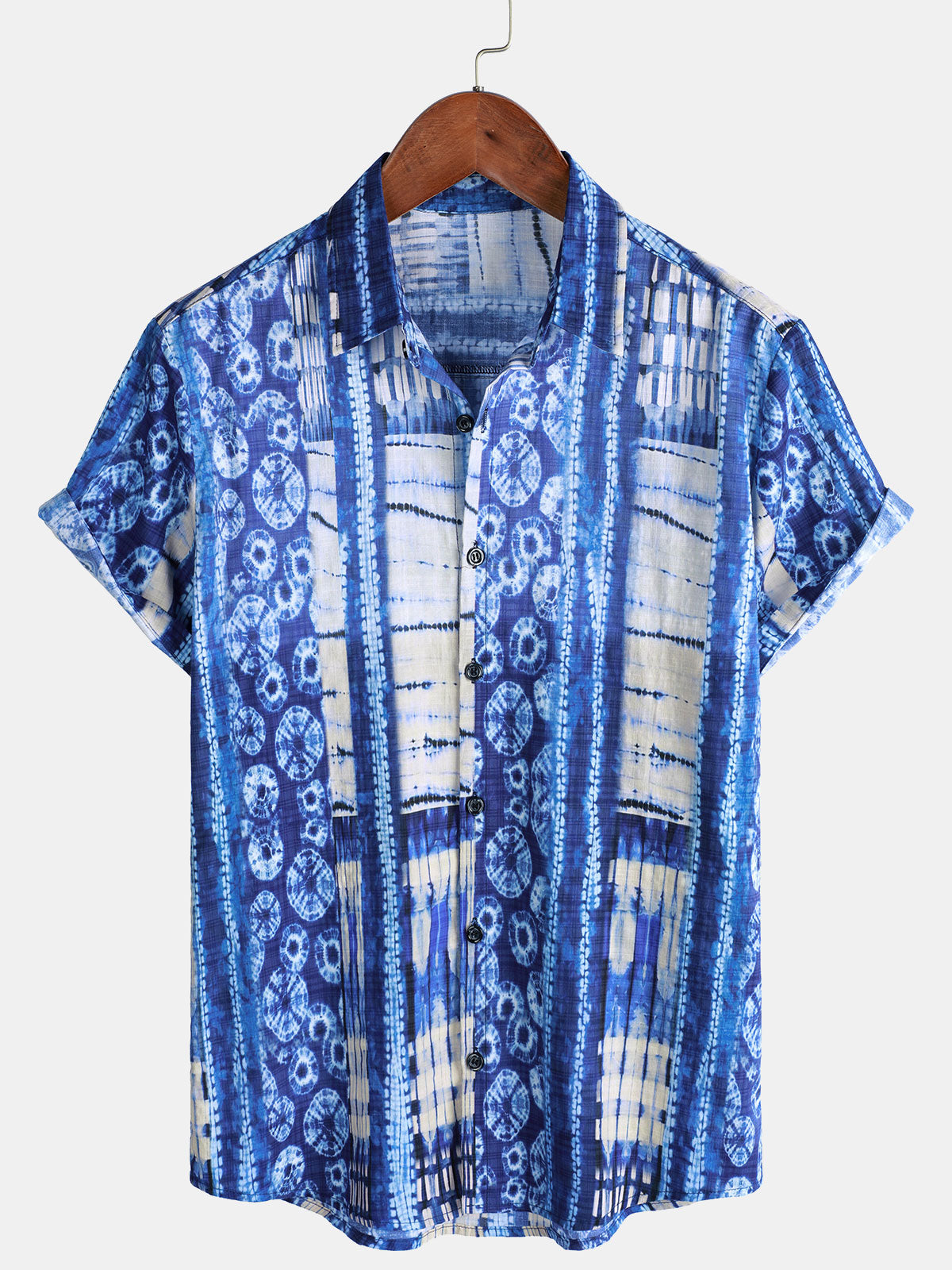 Men's Summer Blue Retro Print Striped Short Sleeve Shirt