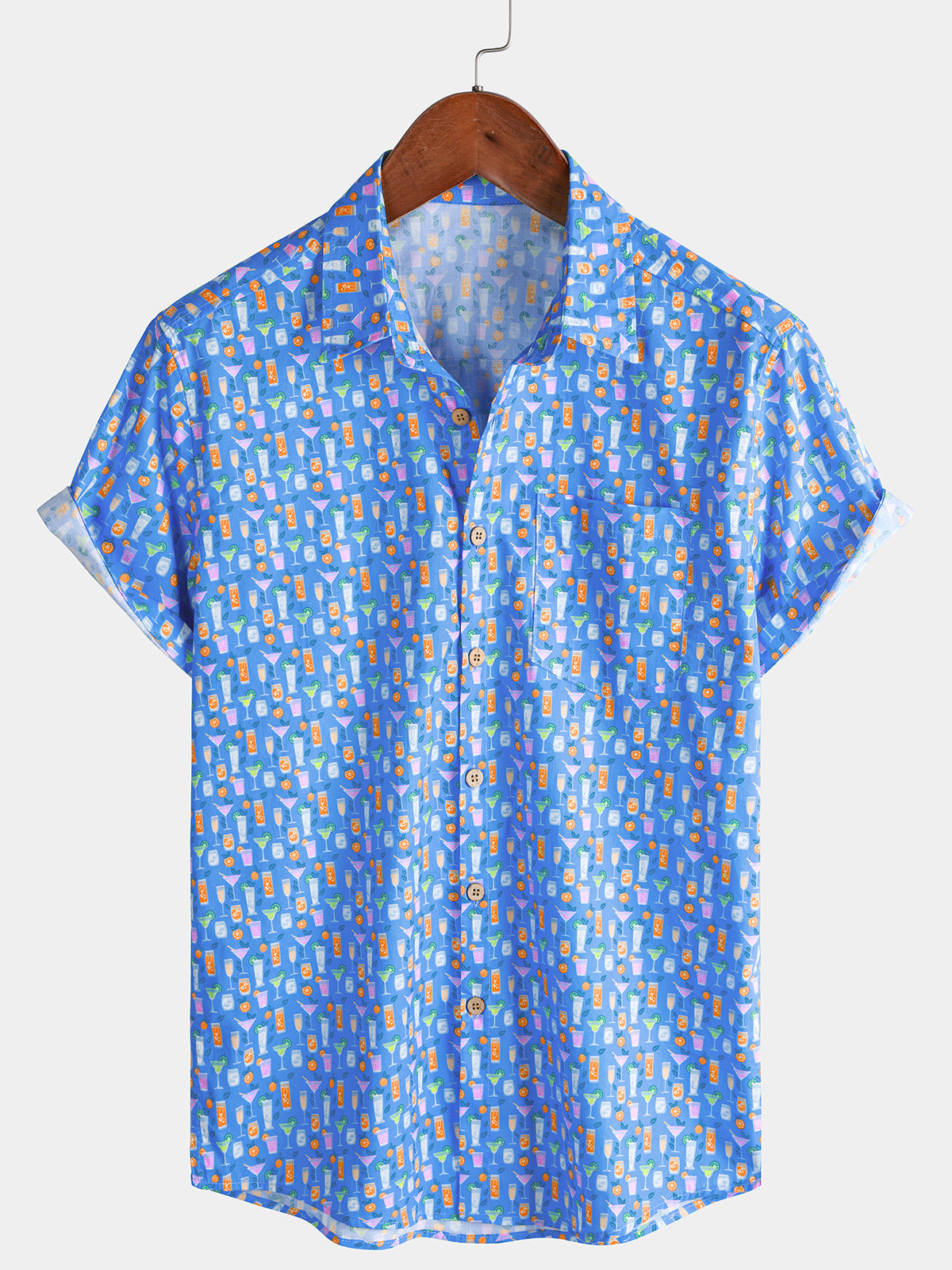 Men’s Cocktail Print Short Sleeve Button Down Breathable Casual Summer Shirt