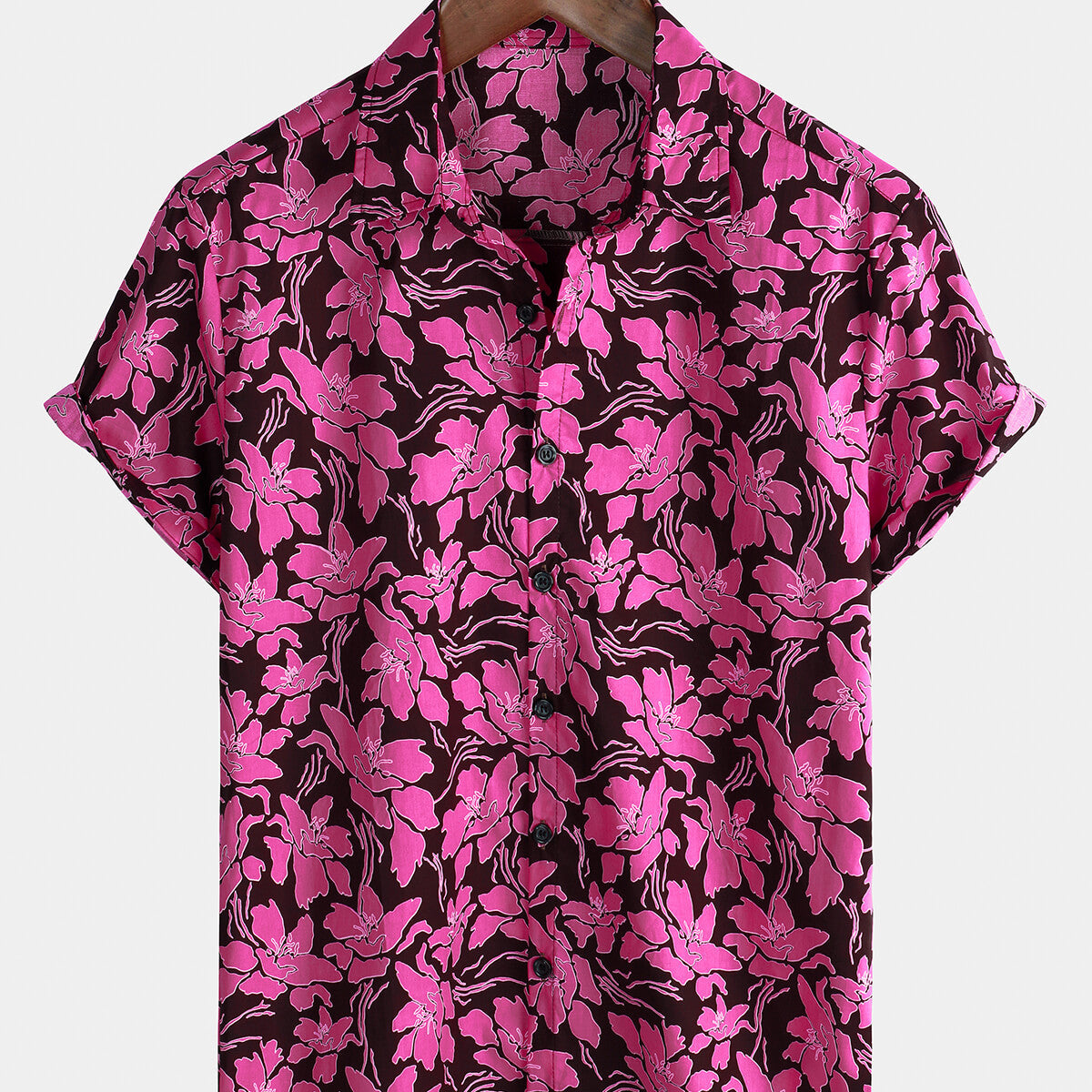 Men's Short Sleeve Floral Pink Holiday Button Up Cotton Beach Shirt