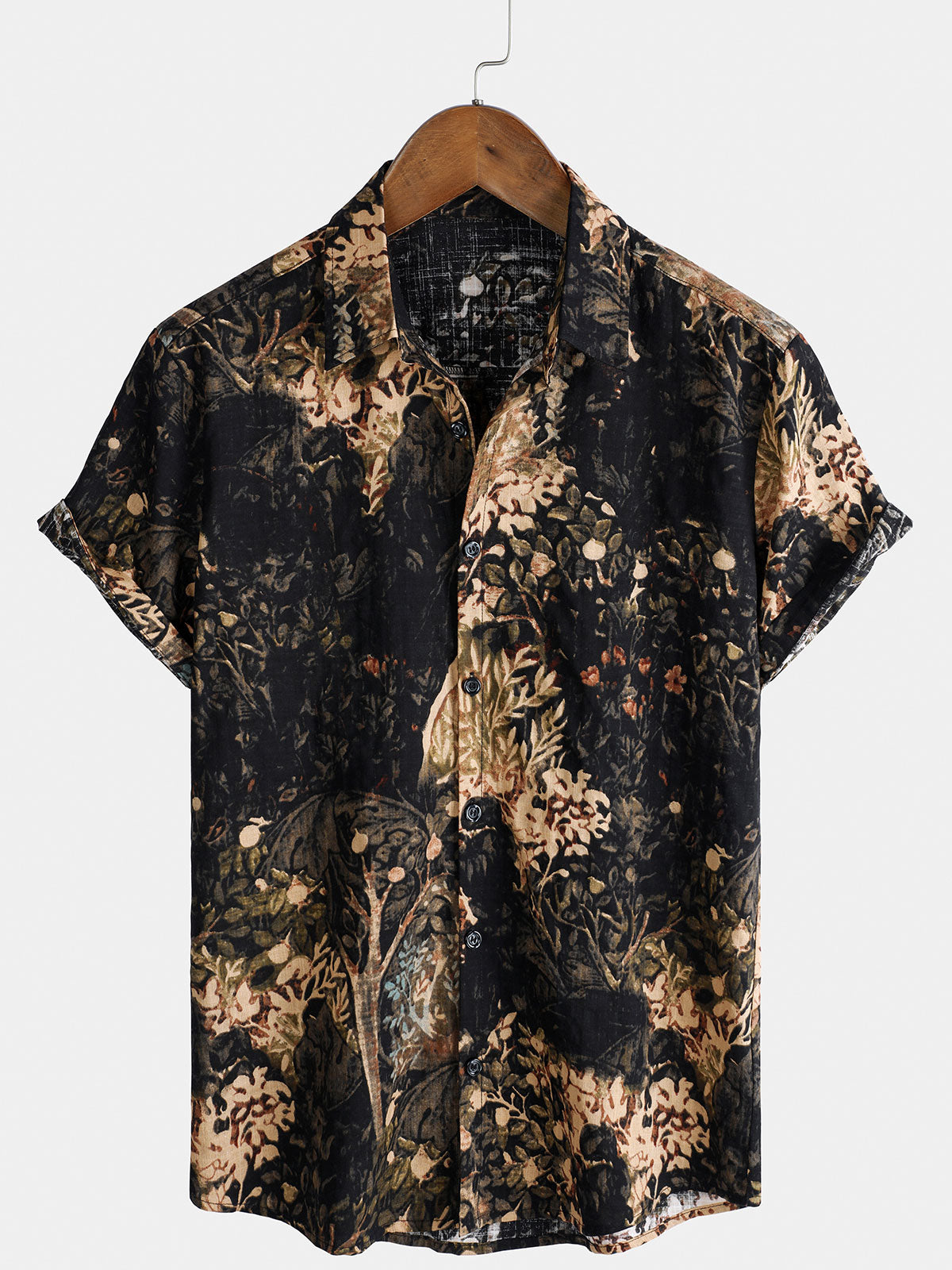 Men's Summer Retro Plant Print Button Up Short Sleeve Shirt