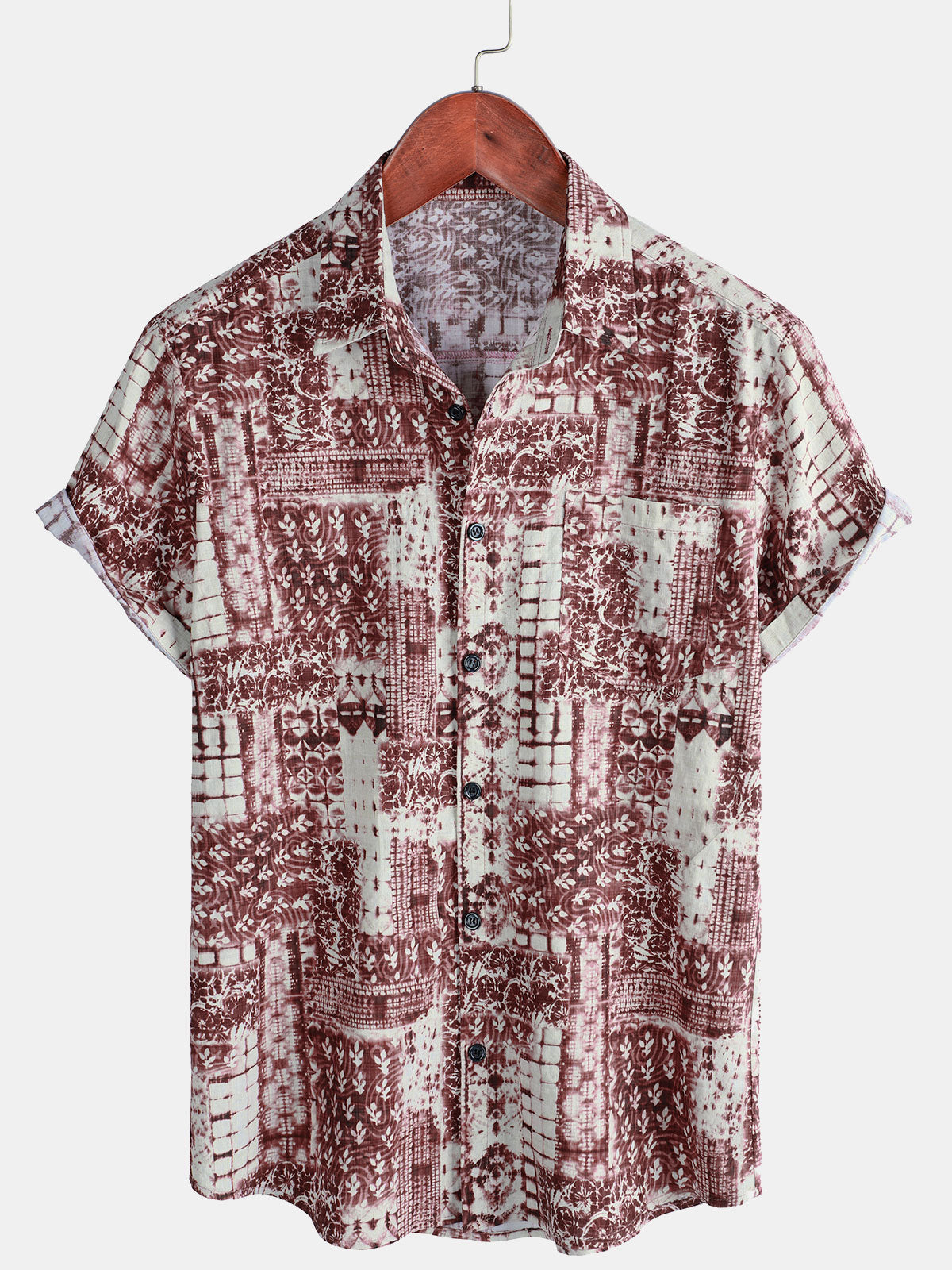 Men's Breathable Cotton Retro Print Pocket Camp Short Sleeve Shirt