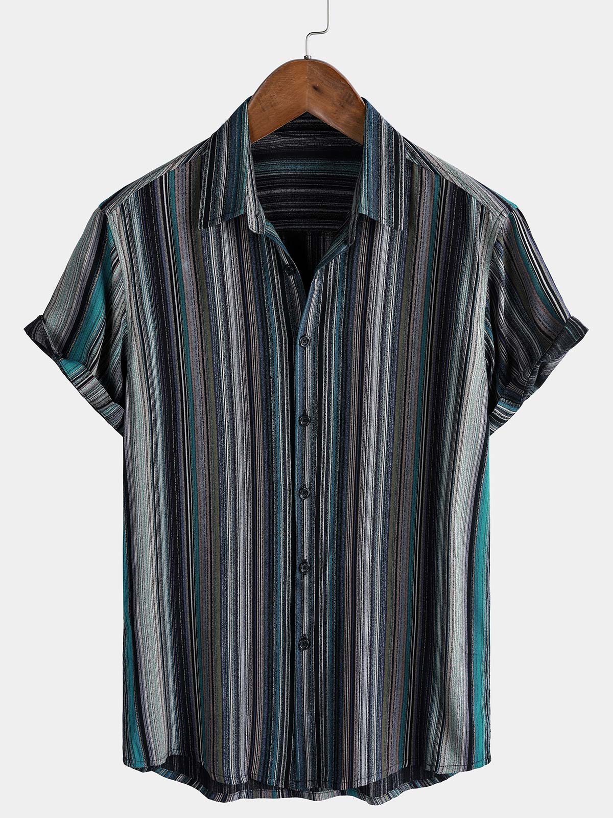 Men's Retro Striped Print Resort Short Sleeve Shirt