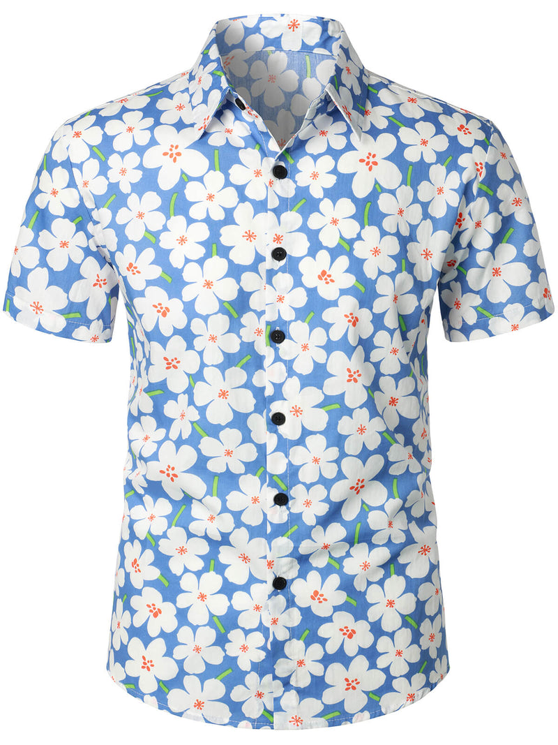 Men's Summer Floral Print Holiday Flower Resort Casual Lapel Light Blue Short Sleeve Shirt