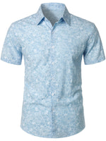 Men's Cotton Floral Holiday Flower Print Button Up Beach Light Blue Hawaiian Short Sleeve Shirt