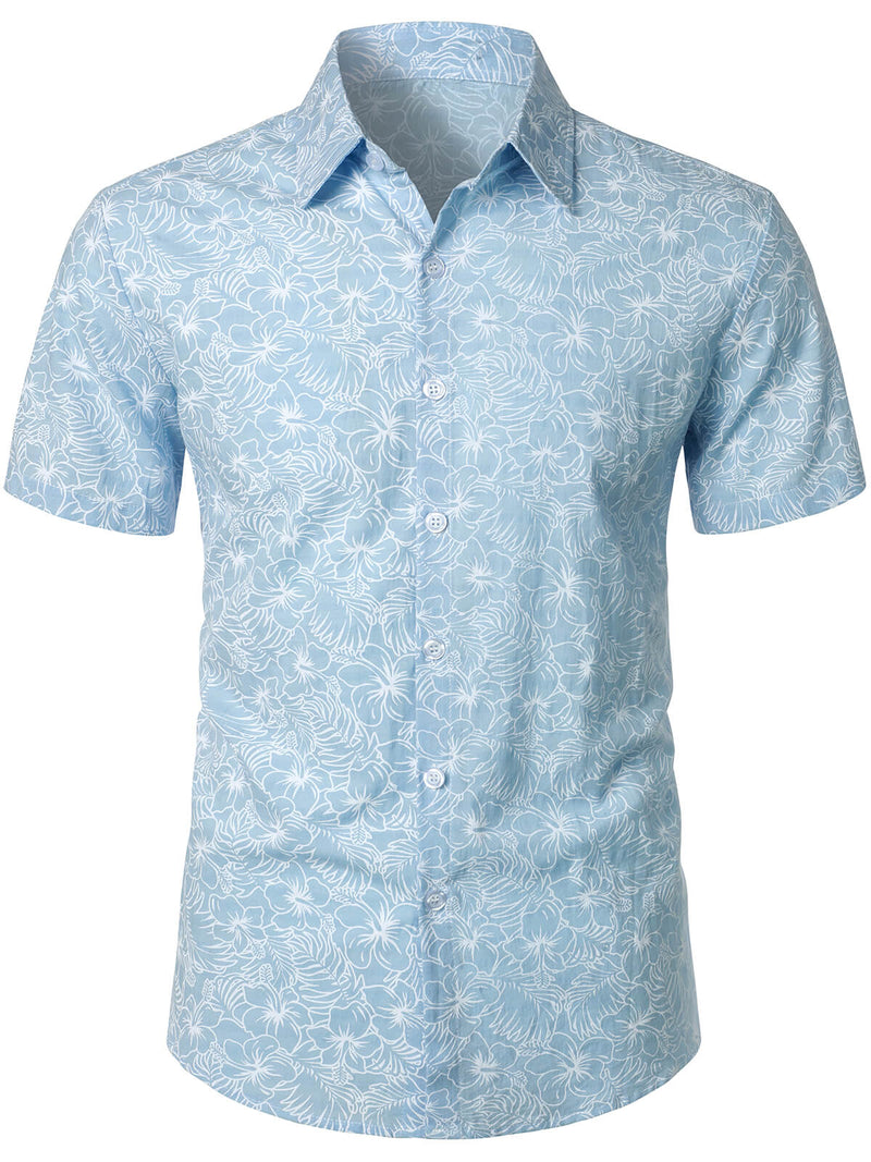 Men's Cotton Floral Holiday Flower Print Button Up Beach Light Blue Hawaiian Short Sleeve Shirt