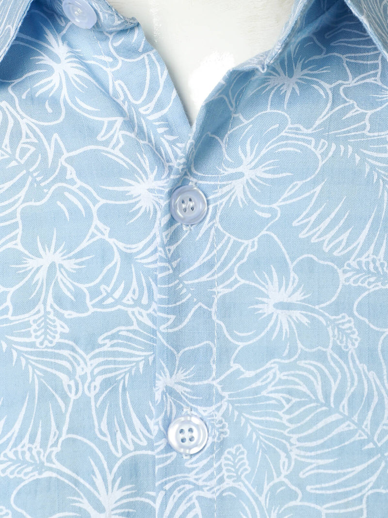 Men's Cotton Floral Holiday Flower Print Button Up Beach Light Blue Hawaiian Short Sleeve Shirt