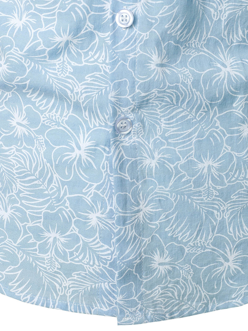 Men's Cotton Floral Holiday Flower Print Button Up Beach Light Blue Hawaiian Short Sleeve Shirt
