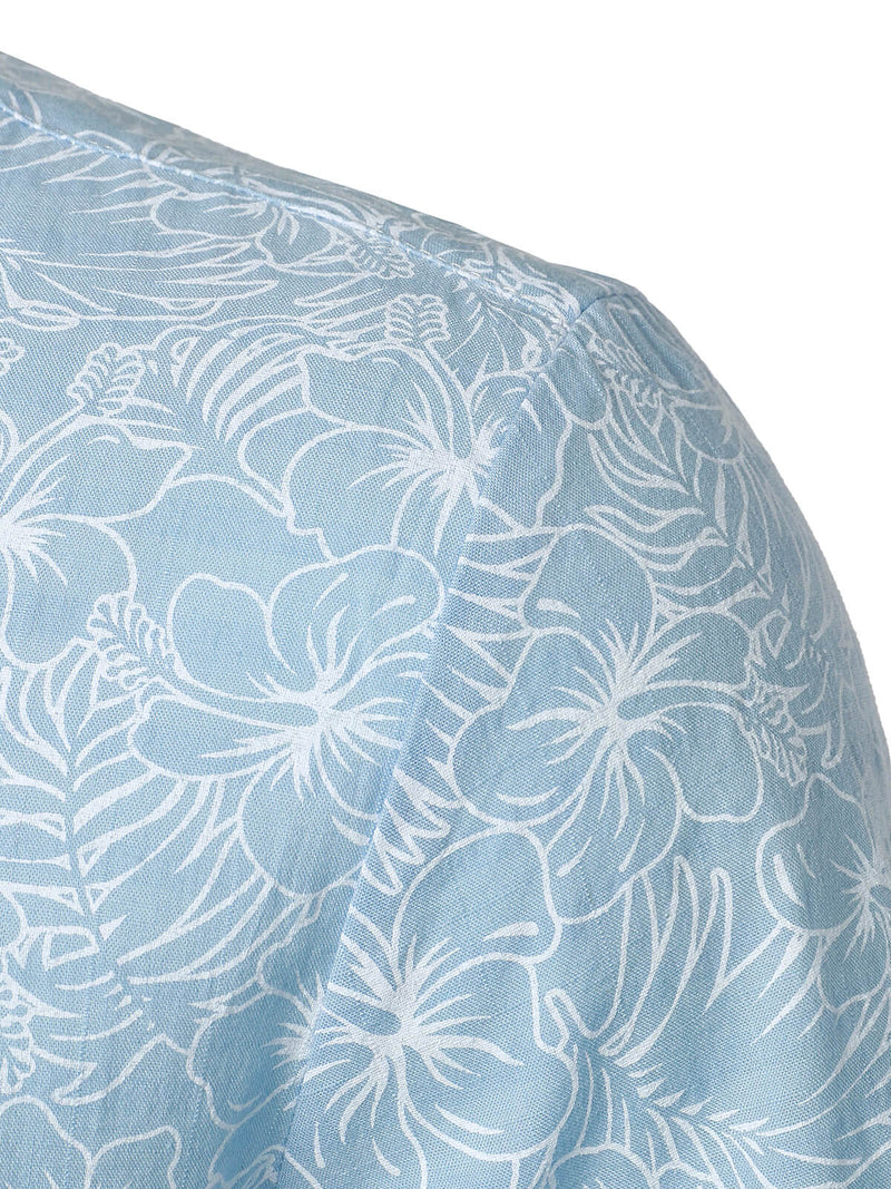 Men's Cotton Floral Holiday Flower Print Button Up Beach Light Blue Hawaiian Short Sleeve Shirt