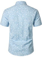 Men's Cotton Floral Holiday Flower Print Button Up Beach Light Blue Hawaiian Short Sleeve Shirt
