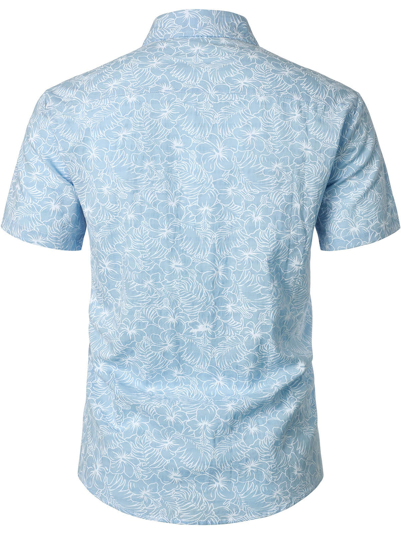 Men's Cotton Floral Holiday Flower Print Button Up Beach Light Blue Hawaiian Short Sleeve Shirt