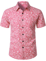 Men's Cotton Floral Holiday Flower Print Button Up Beach Pink Hawaiian Short Sleeve Shirt