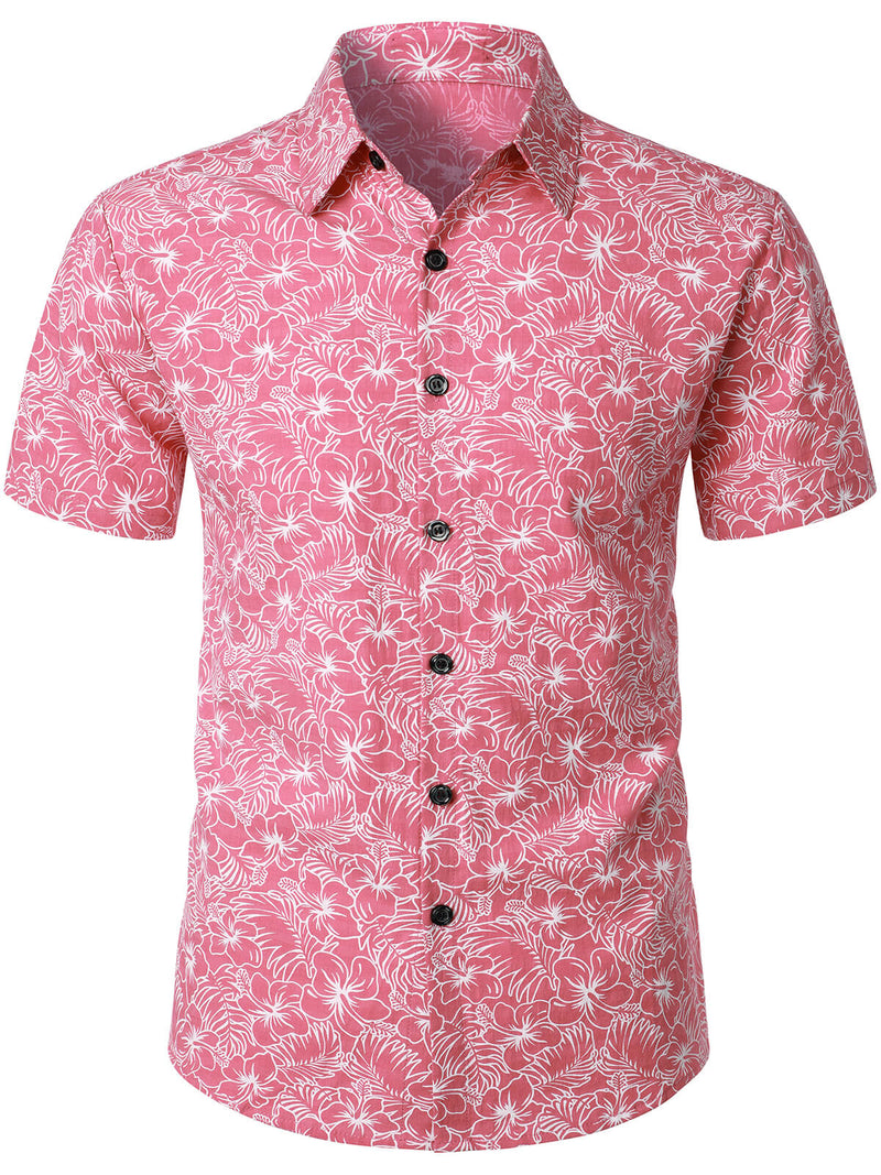 Men's Cotton Floral Holiday Flower Print Button Up Beach Pink Hawaiian Short Sleeve Shirt
