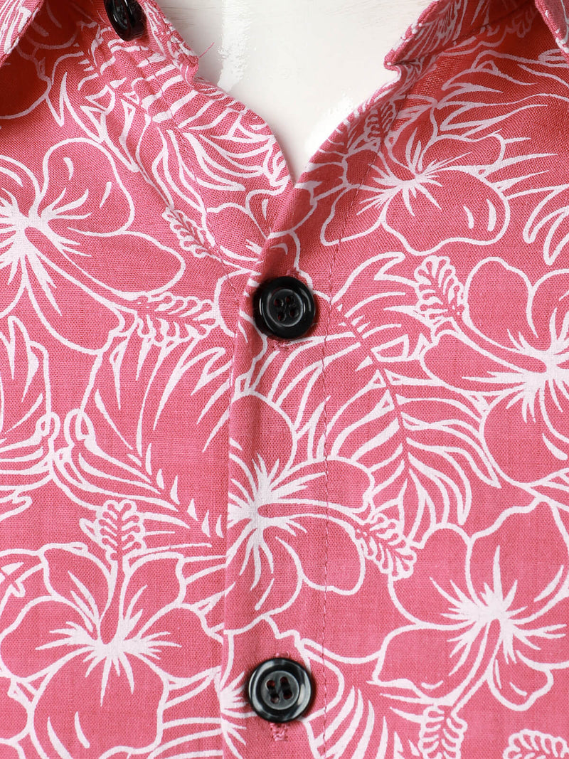 Men's Cotton Floral Holiday Flower Print Button Up Beach Pink Hawaiian Short Sleeve Shirt