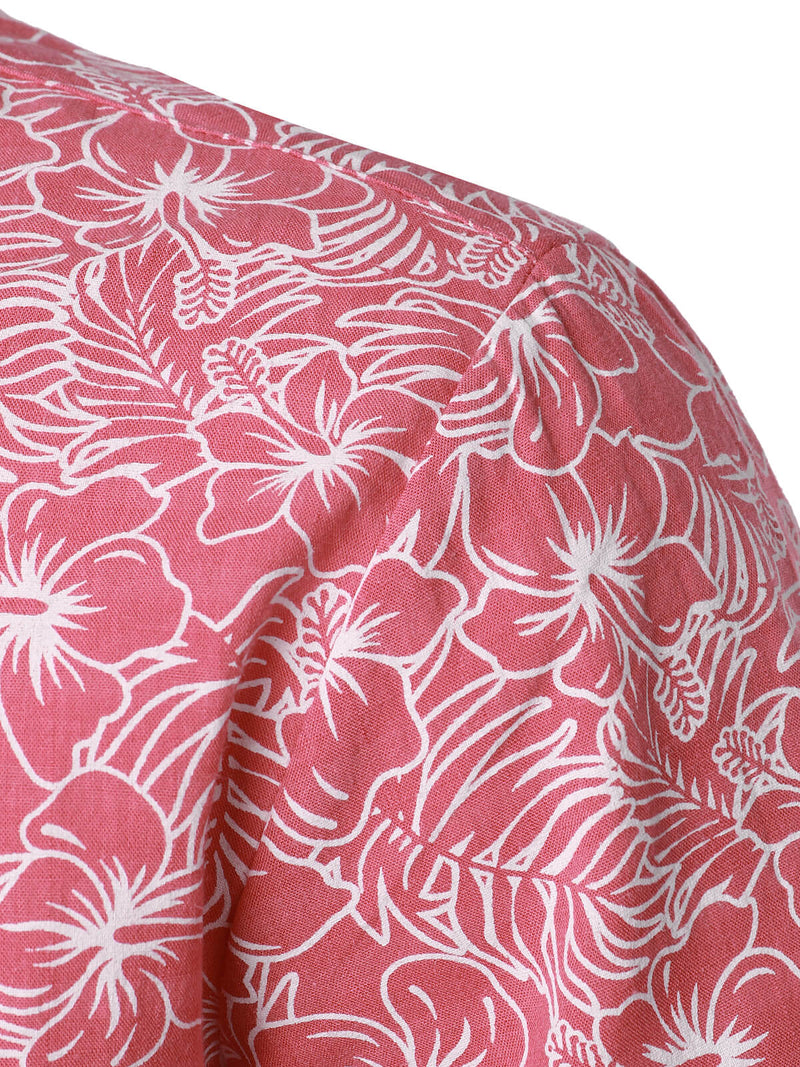 Men's Cotton Floral Holiday Flower Print Button Up Beach Pink Hawaiian Short Sleeve Shirt