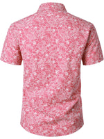 Men's Cotton Floral Holiday Flower Print Button Up Beach Pink Hawaiian Short Sleeve Shirt