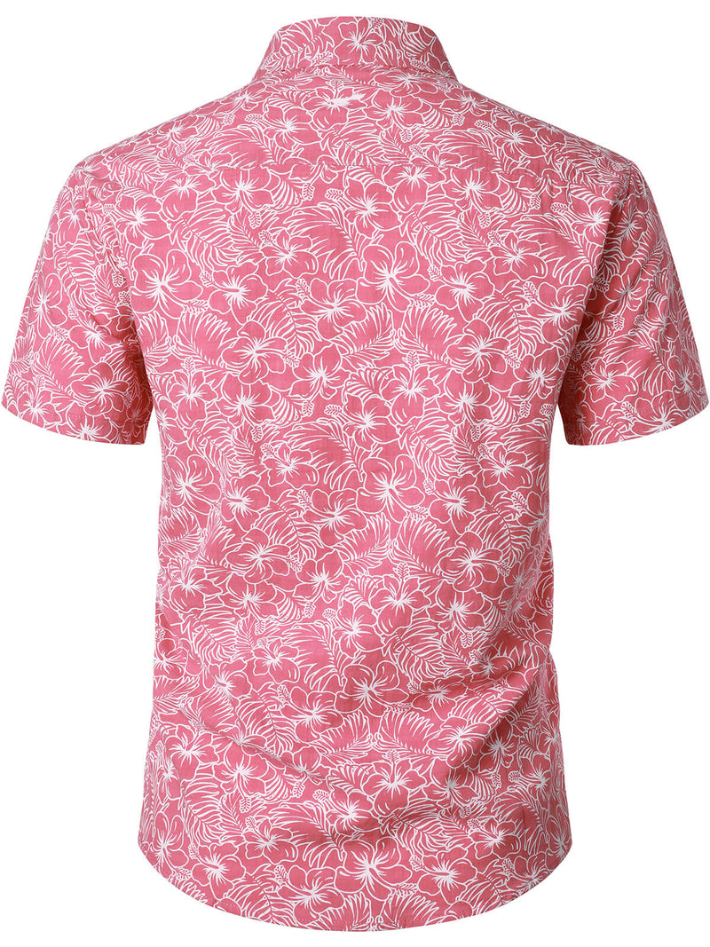 Men's Cotton Floral Holiday Flower Print Button Up Beach Pink Hawaiian Short Sleeve Shirt