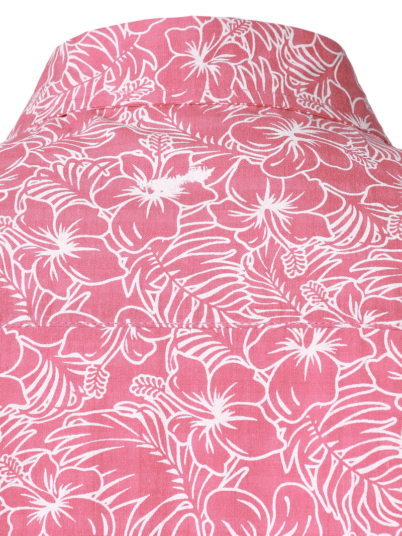 Men's Cotton Floral Holiday Flower Print Button Up Beach Pink Hawaiian Short Sleeve Shirt