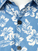 Men's Blue Tropical Floral Plant Leaf Cotton Button Up Short Sleeve Aloha Resort Beach Shirt