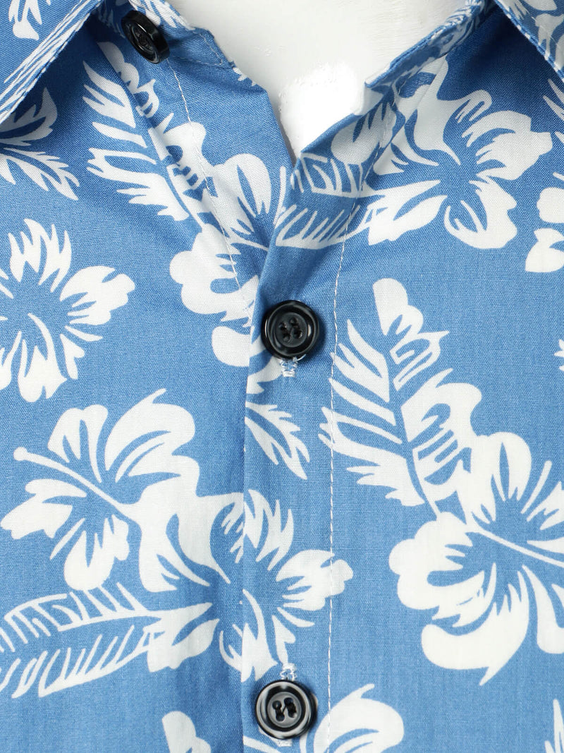 Men's Blue Tropical Floral Plant Leaf Cotton Button Up Short Sleeve Aloha Resort Beach Shirt