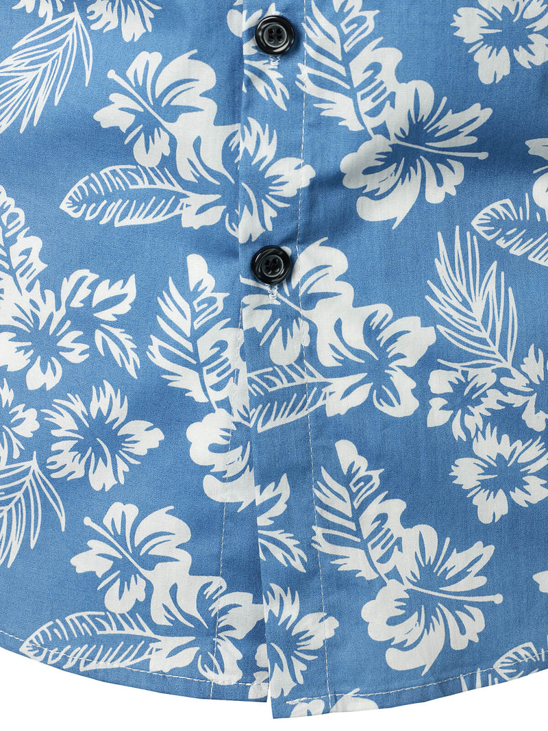 Men's Blue Tropical Floral Plant Leaf Cotton Button Up Short Sleeve Aloha Resort Beach Shirt