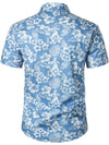 Men's Blue Tropical Floral Plant Leaf Cotton Button Up Short Sleeve Aloha Resort Beach Shirt