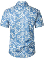 Men's Blue Tropical Floral Plant Leaf Cotton Button Up Short Sleeve Aloha Resort Beach Shirt
