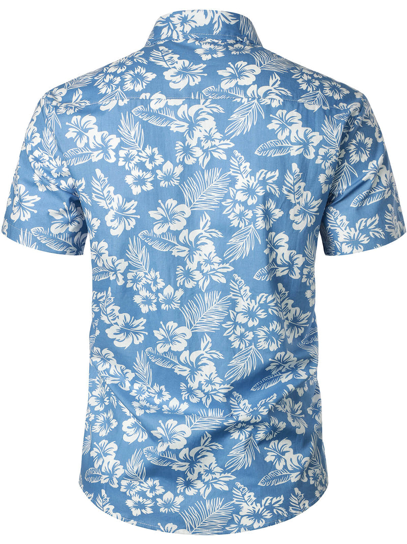 Men's Blue Tropical Floral Plant Leaf Cotton Button Up Short Sleeve Aloha Resort Beach Shirt