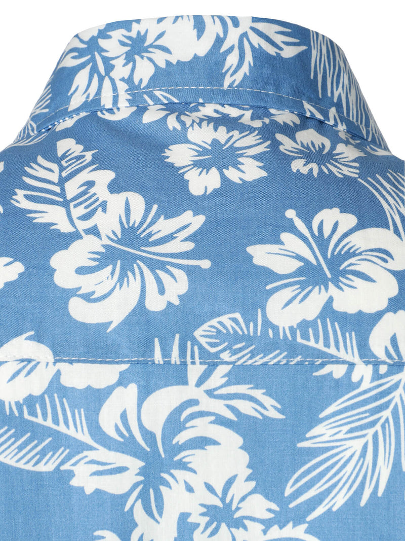 Men's Blue Tropical Floral Plant Leaf Cotton Button Up Short Sleeve Aloha Resort Beach Shirt