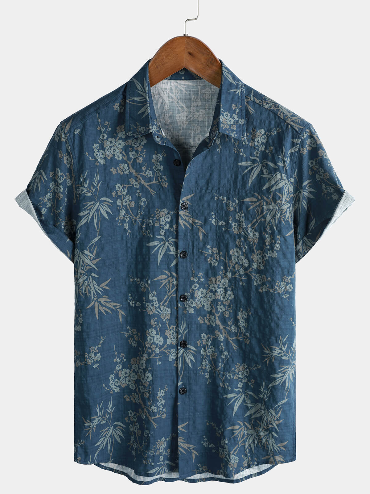 Men's Casual Elegant Blossom Print Retro Blue Short Sleeve Shirt
