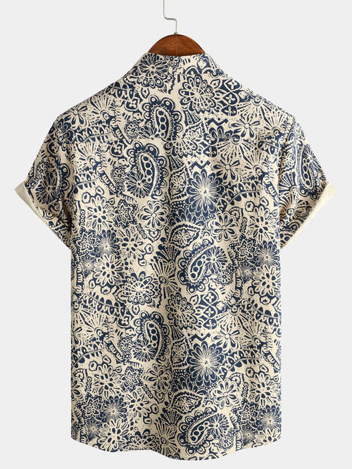 Men's Retro Floral Pocket Short Sleeve 70s Paisley Print Vintage Button Up Shirt