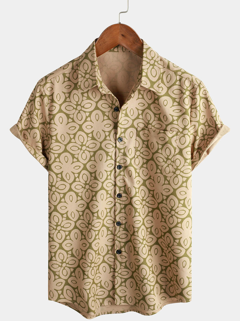 Men's Retro Floral Short Sleeve 70s Holiday Beach Pocket Vintage Button Up Shirt