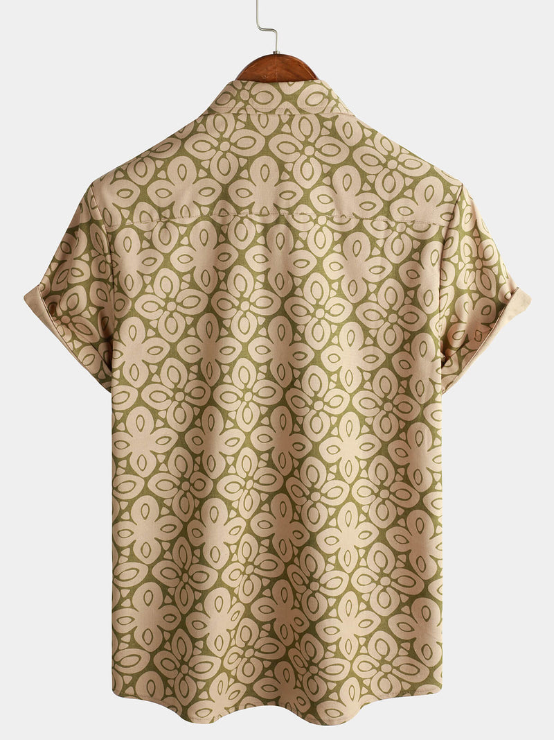 Men's Retro Floral Short Sleeve 70s Holiday Beach Pocket Vintage Button Up Shirt