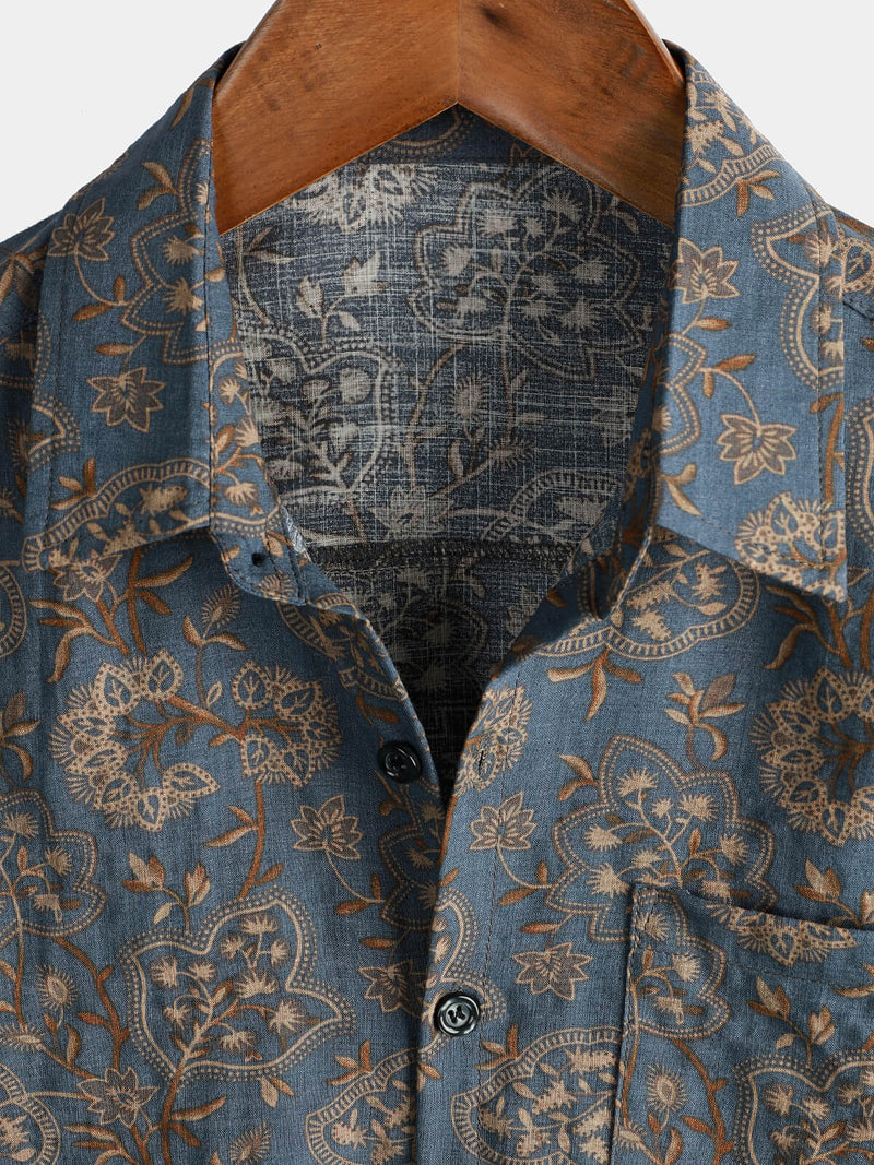 Men's Paisley Vintage Floral 70s Retro Button Up Beach Short Sleeve Shirt