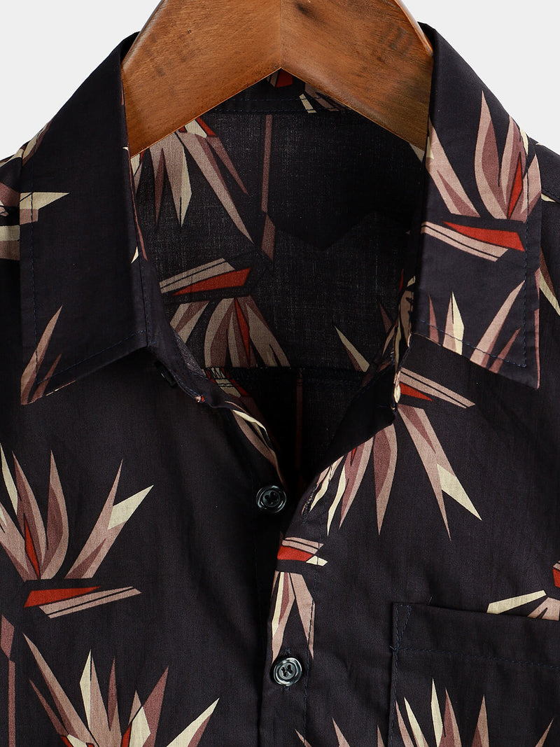 Men's Black Cotton Floral Short Sleeve Holiday Beach Pocket Button Up Shirt