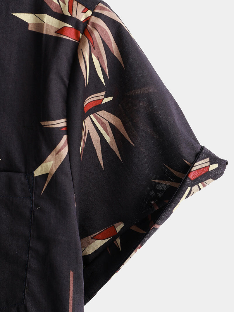 Men's Black Cotton Floral Short Sleeve Holiday Beach Pocket Button Up Shirt